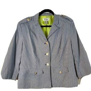 Bob Mackie Women's Navy Blue Pin Striped Blazer Jacket size 12 Sweater Epaulets